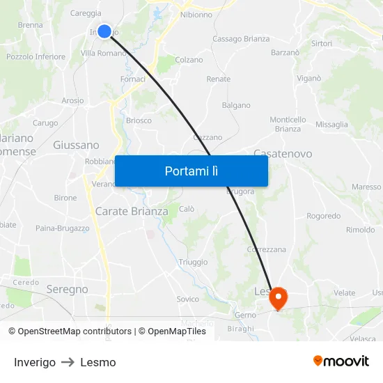 Inverigo to Lesmo map