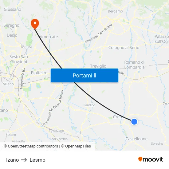 Izano to Lesmo map