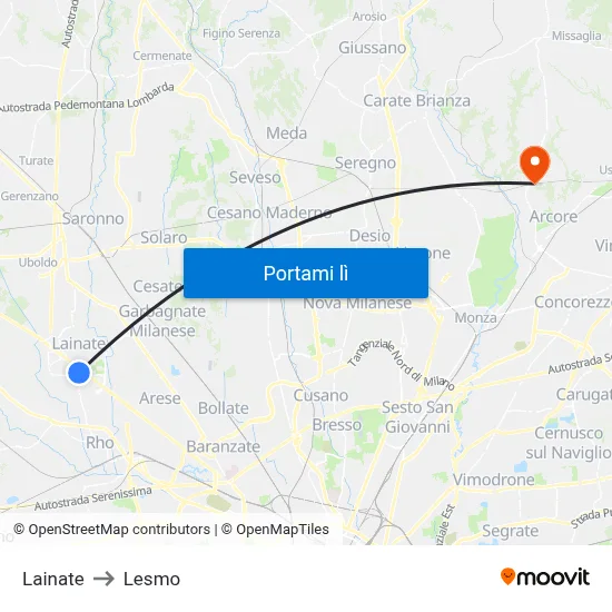 Lainate to Lesmo map