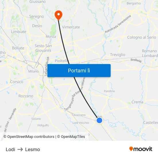 Lodi to Lesmo map