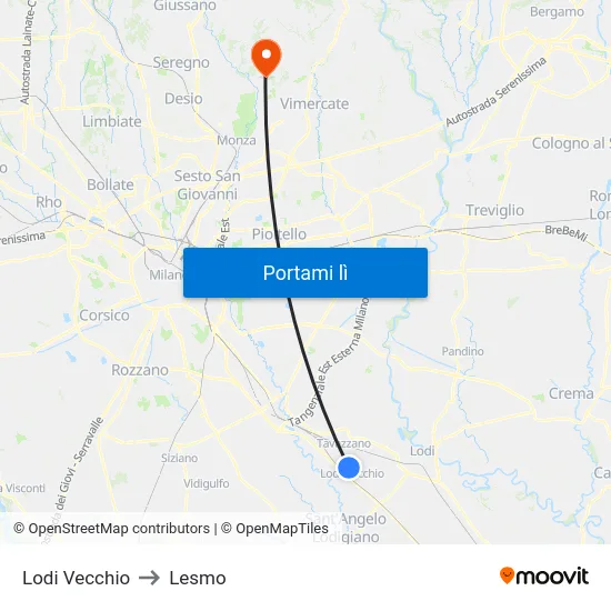 Lodi Vecchio to Lesmo map