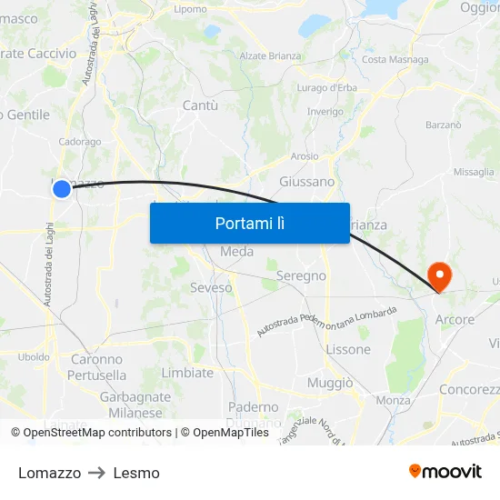 Lomazzo to Lesmo map