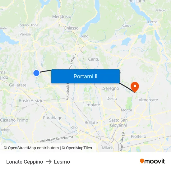 Lonate Ceppino to Lesmo map