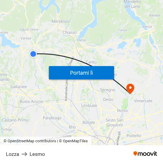 Lozza to Lesmo map