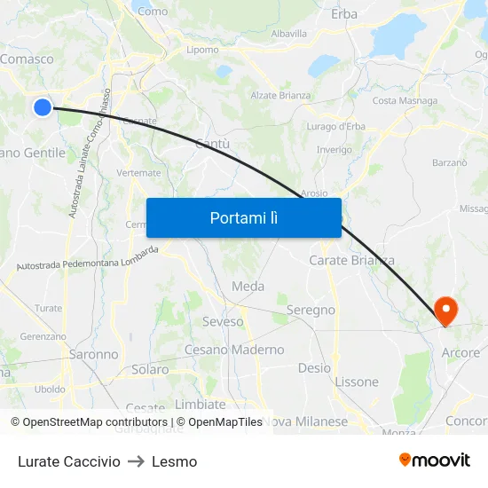 Lurate Caccivio to Lesmo map