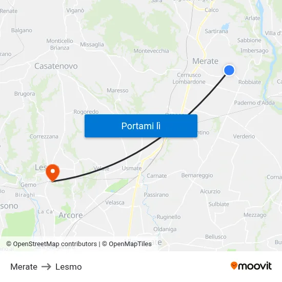 Merate to Lesmo map