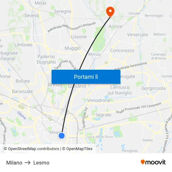 Milano to Lesmo map