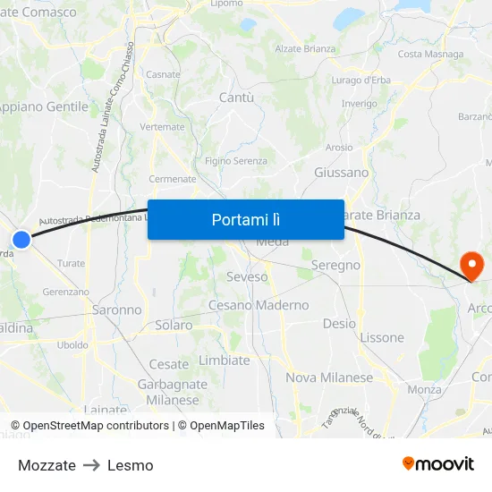 Mozzate to Lesmo map