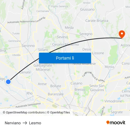 Nerviano to Lesmo map