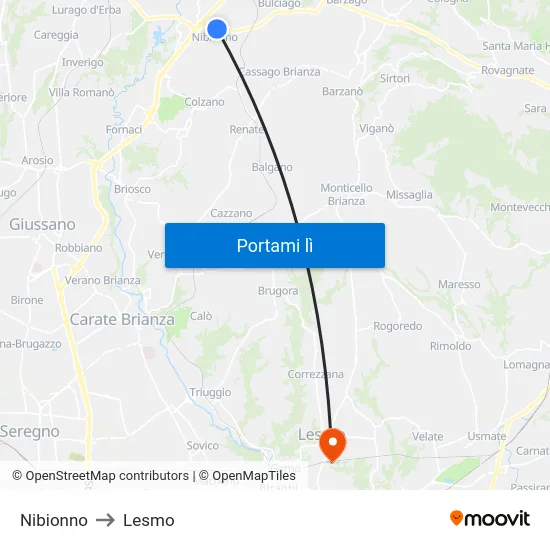 Nibionno to Lesmo map