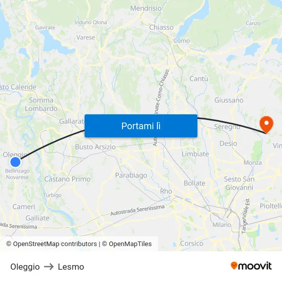 Oleggio to Lesmo map