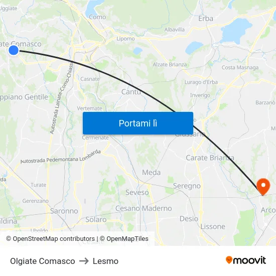 Olgiate Comasco to Lesmo map