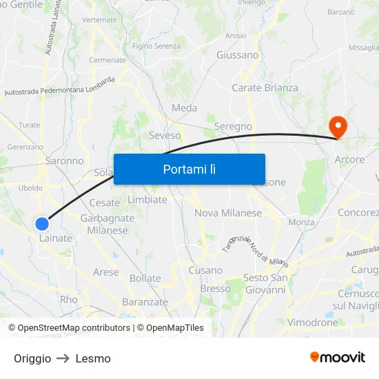Origgio to Lesmo map