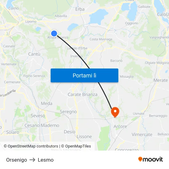 Orsenigo to Lesmo map