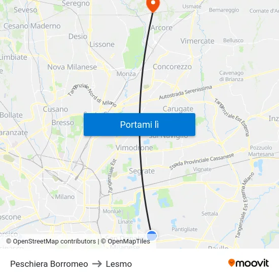 Peschiera Borromeo to Lesmo map