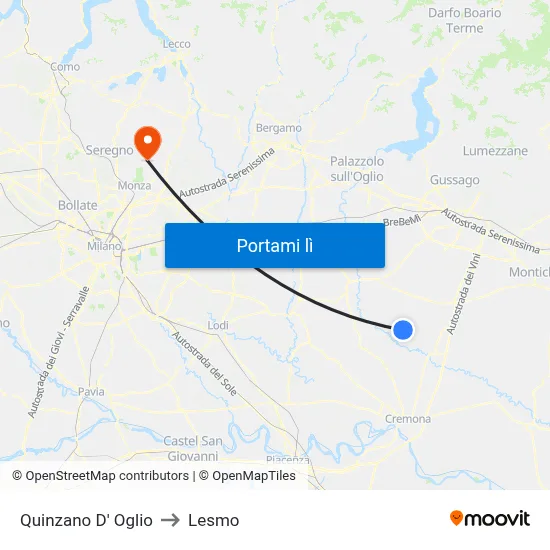 Quinzano D' Oglio to Lesmo map