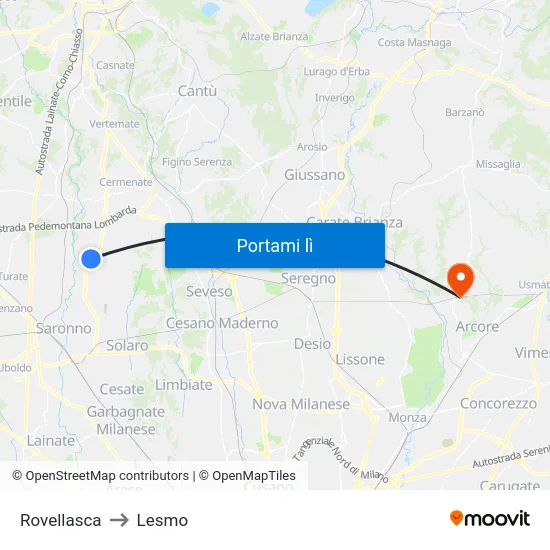 Rovellasca to Lesmo map