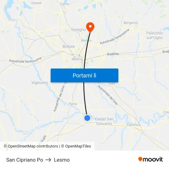 San Cipriano Po to Lesmo map