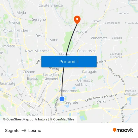 Segrate to Lesmo map
