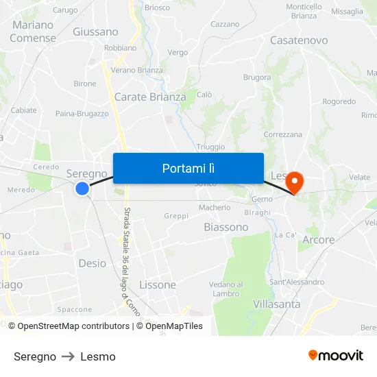 Seregno to Lesmo map