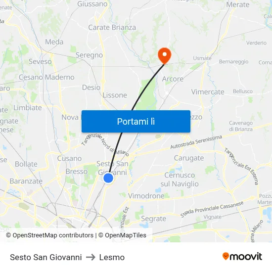 Sesto San Giovanni to Lesmo map