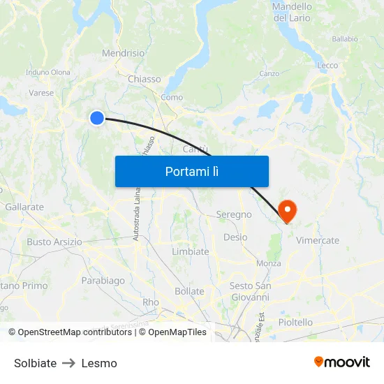 Solbiate to Lesmo map