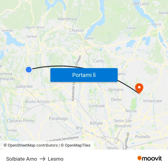 Solbiate Arno to Lesmo map