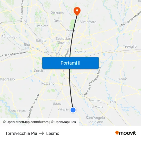 Torrevecchia Pia to Lesmo map