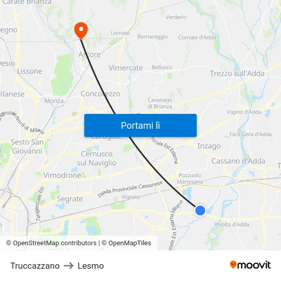 Truccazzano to Lesmo map