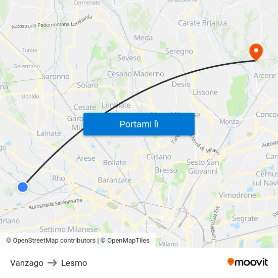 Vanzago to Lesmo map