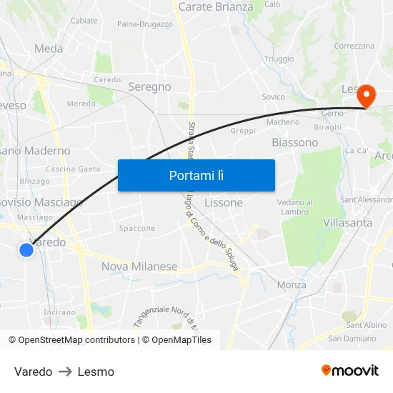 Varedo to Lesmo map