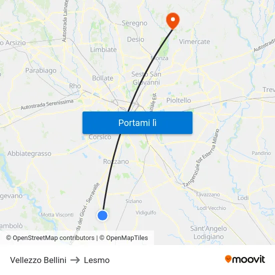 Vellezzo Bellini to Lesmo map