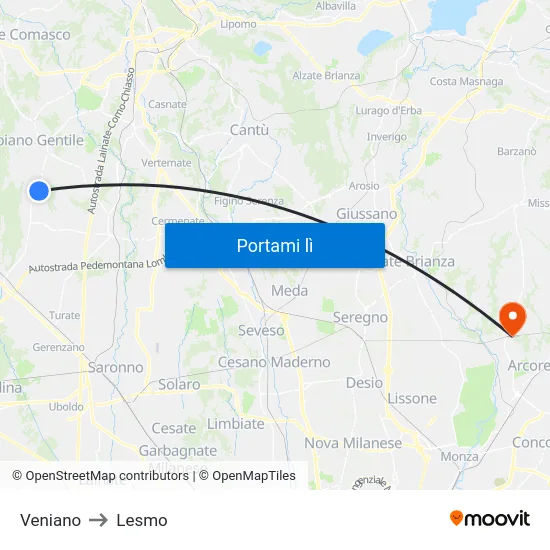 Veniano to Lesmo map