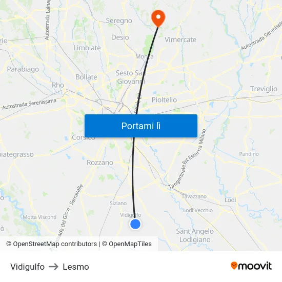 Vidigulfo to Lesmo map