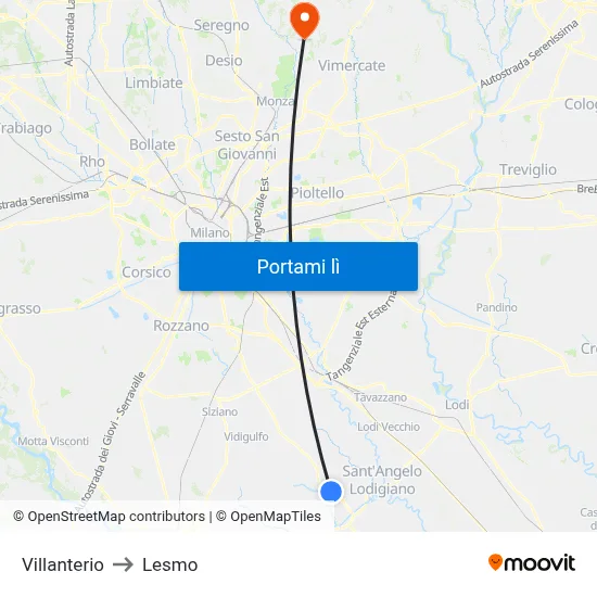 Villanterio to Lesmo map