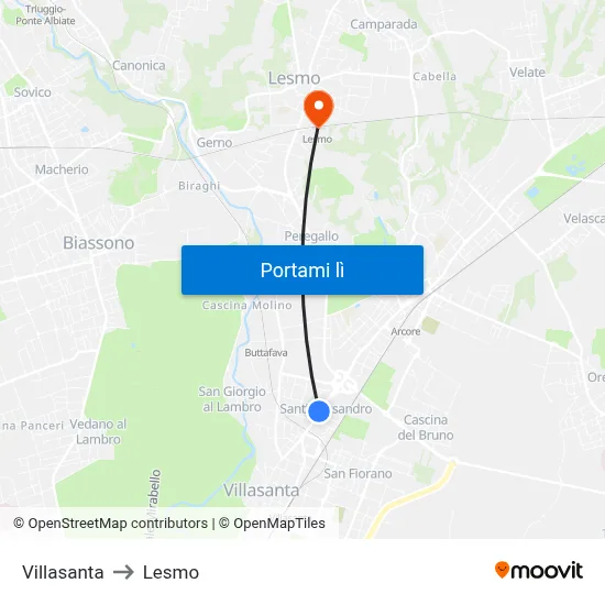 Villasanta to Lesmo map