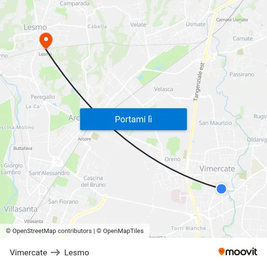 Vimercate to Lesmo map