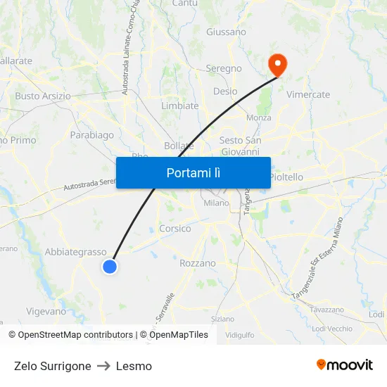 Zelo Surrigone to Lesmo map