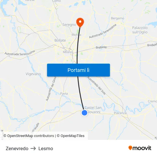 Zenevredo to Lesmo map