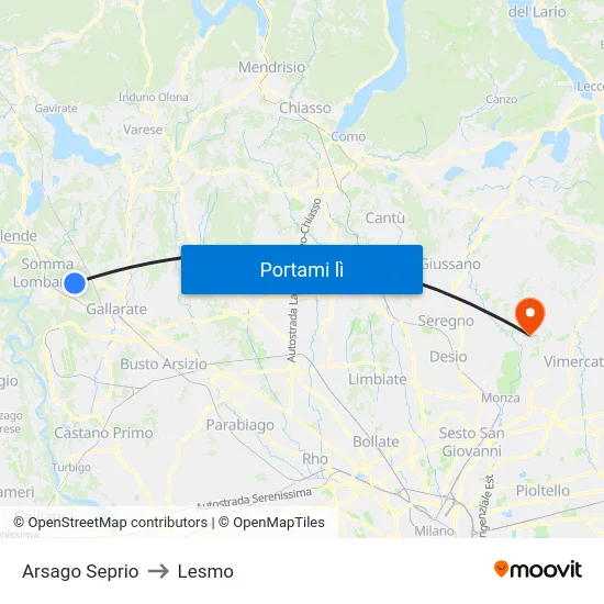 Arsago Seprio to Lesmo map