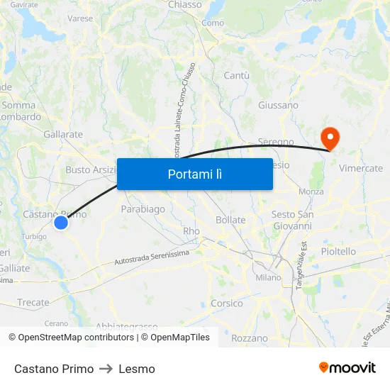 Castano Primo to Lesmo map