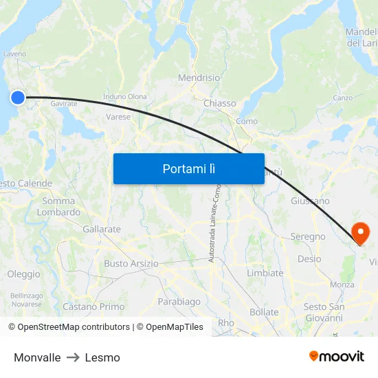 Monvalle to Lesmo map