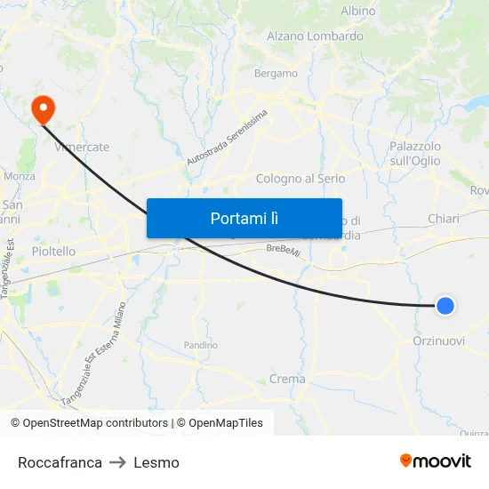 Roccafranca to Lesmo map