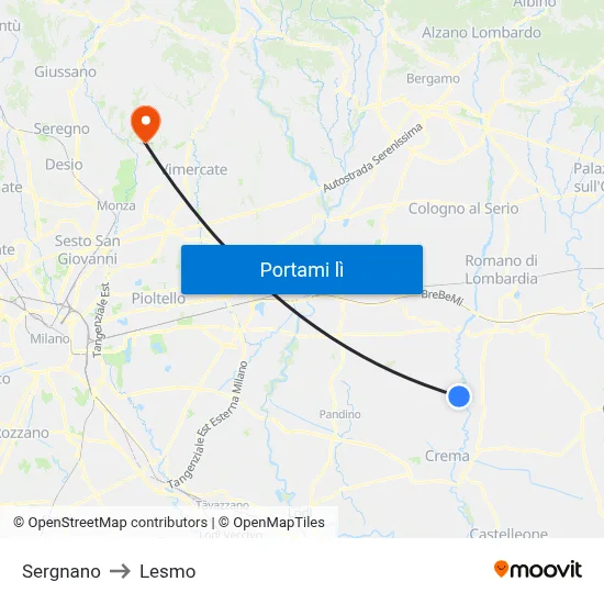 Sergnano to Lesmo map