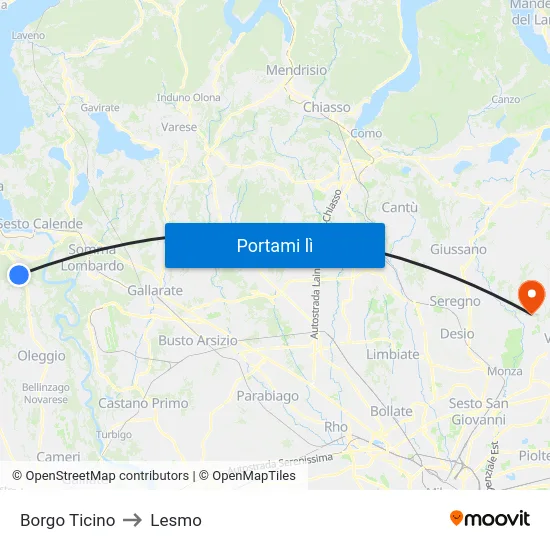 Borgo Ticino to Lesmo map