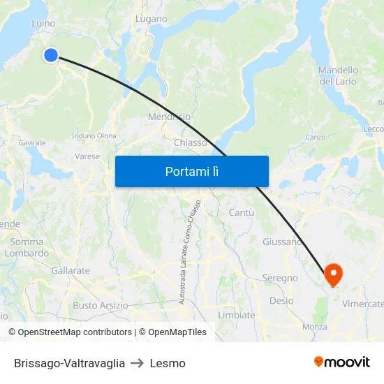 Brissago-Valtravaglia to Lesmo map