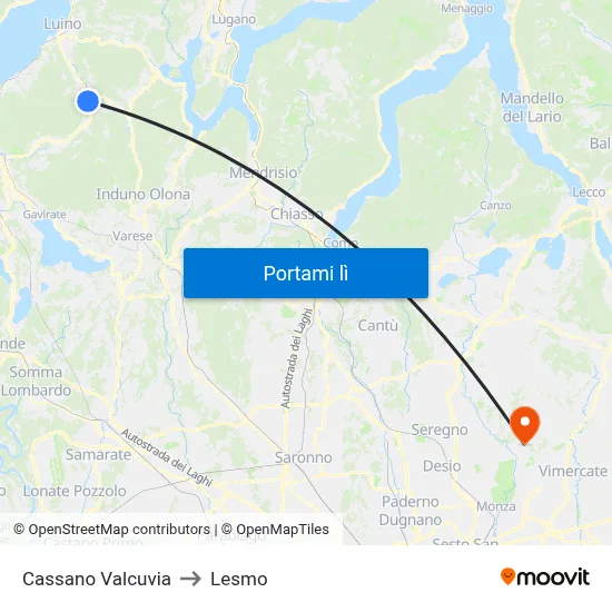 Cassano Valcuvia to Lesmo map