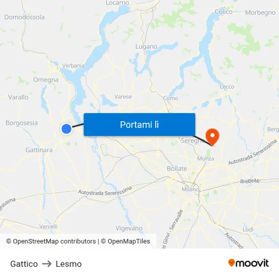 Gattico to Lesmo map