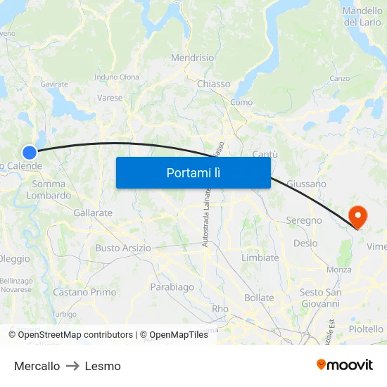 Mercallo to Lesmo map