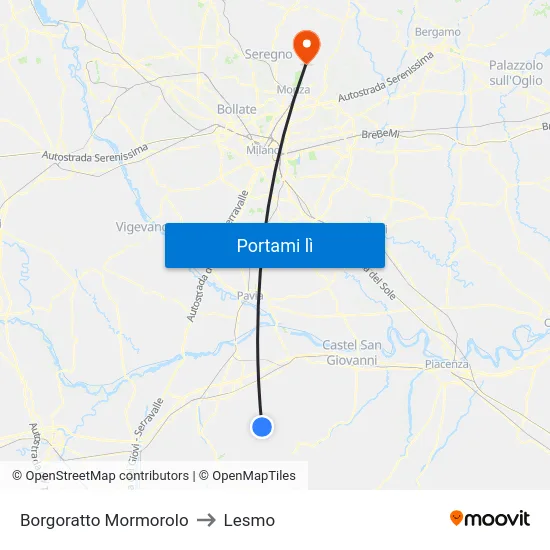 Borgoratto Mormorolo to Lesmo map